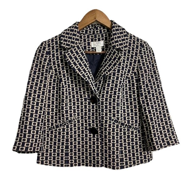 LOFT Women's Blue Pattern 3/4 Sleeve Wool Blend Pockets Double Button Blazer 2P - Picture 1 of 7